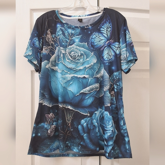 Imported Tops - Blue Floral Butterfly, NWOT,Graphic Women's Top